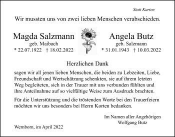 Traueranzeige von Magda Salzmann von Usinger Anzeiger