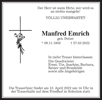 Traueranzeige von Manfred Emrich von Kreis-Anzeiger