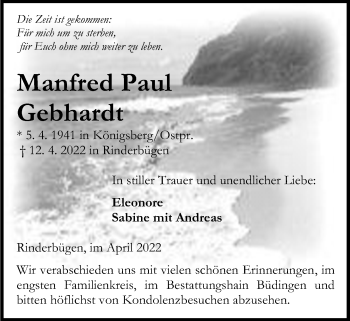 Traueranzeige von Manfred Paul Gebhardt von Kreis-Anzeiger