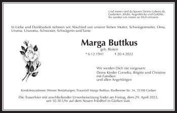 Traueranzeige von Marga Buttkus von Giessener Allgemeine, Alsfelder Allgemeine