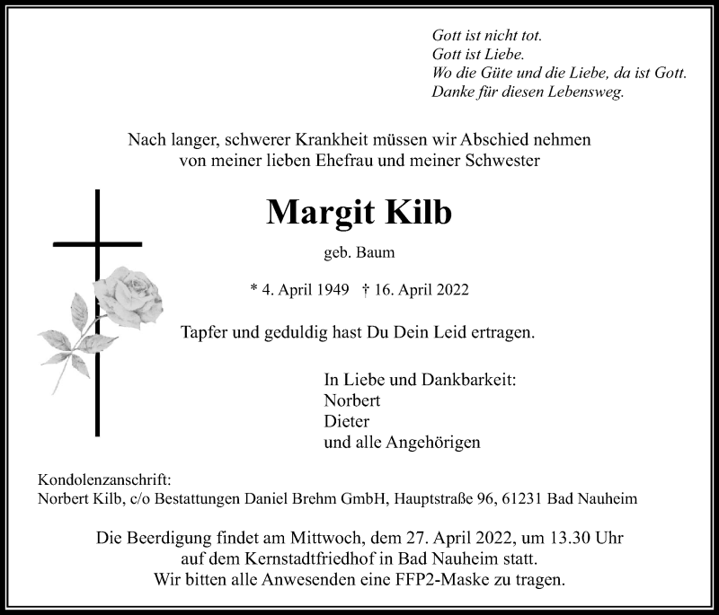  Traueranzeige für Margit Kilb vom 23.04.2022 aus Wetterauer Zeitung