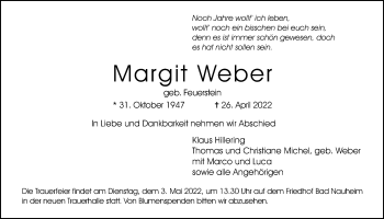 Traueranzeige von Margit Weber von Wetterauer Zeitung