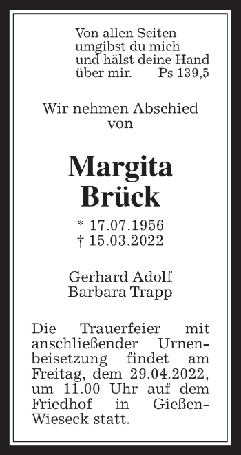 Traueranzeige von Margita Brück von Giessener Allgemeine, Alsfelder Allgemeine, Giessener Anzeiger