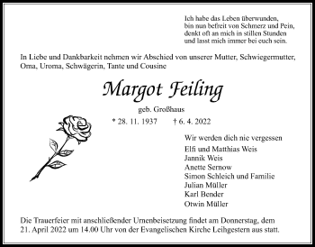 Traueranzeige von Margot Feiling von Giessener Allgemeine, Alsfelder Allgemeine