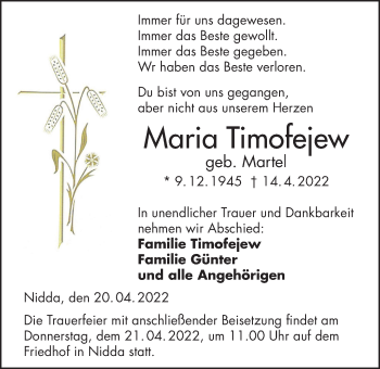 Traueranzeige von Maria Timofejew von Kreis-Anzeiger