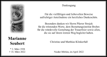Traueranzeige von Marianne Seubert von Wetterauer Zeitung