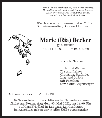 Traueranzeige von Marie Becker von Giessener Allgemeine, Alsfelder Allgemeine