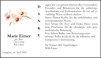 Traueranzeige von Marie Eimer von Giessener Allgemeine, Alsfelder Allgemeine, Giessener Anzeiger