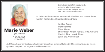 Traueranzeige von Marie Weber von Wetterauer Zeitung