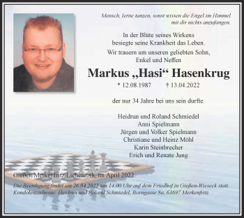Traueranzeige von Markus Hasenkrug von Giessener Allgemeine, Alsfelder Allgemeine, Giessener Anzeiger, Kreis-Anzeiger