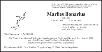 Traueranzeige von Marlies Bonarius von Giessener Anzeiger, Wetterauer Zeitung