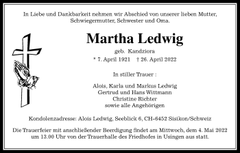 Traueranzeige von Martha Ledwig von Usinger Anzeiger