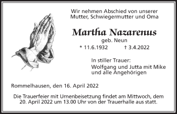 Traueranzeige von Martha Nazarenus von Kreis-Anzeiger