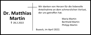 Traueranzeige von Matthias Martin von Giessener Allgemeine, Alsfelder Allgemeine, Giessener Anzeiger