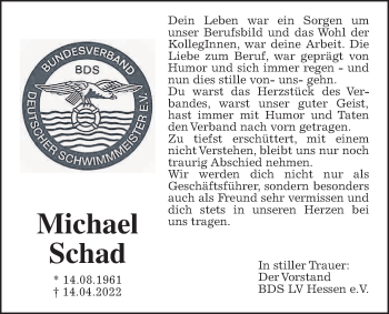 Traueranzeige von Michael Schad von Wetterauer Zeitung, Giessener Allgemeine, Alsfelder Allgemeine, 