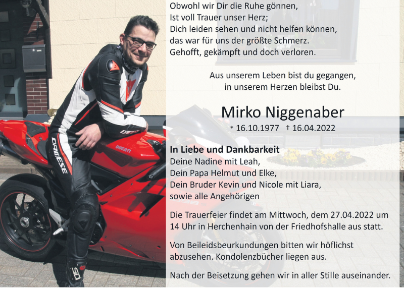  Traueranzeige für Mirko Niggenaber vom 23.04.2022 aus Usinger Anzeiger