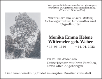 Traueranzeige von Monika Emma Helene Wittemeier von Wetterauer Zeitung, Giessener Allgemeine, Alsfelder Allgemeine