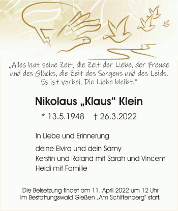 Traueranzeige von Nikolaus Klein von Giessener Allgemeine, Alsfelder Allgemeine, Giessener Anzeiger