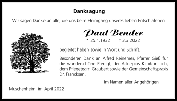 Traueranzeige von Paul Bender von Licher Wochenblatt