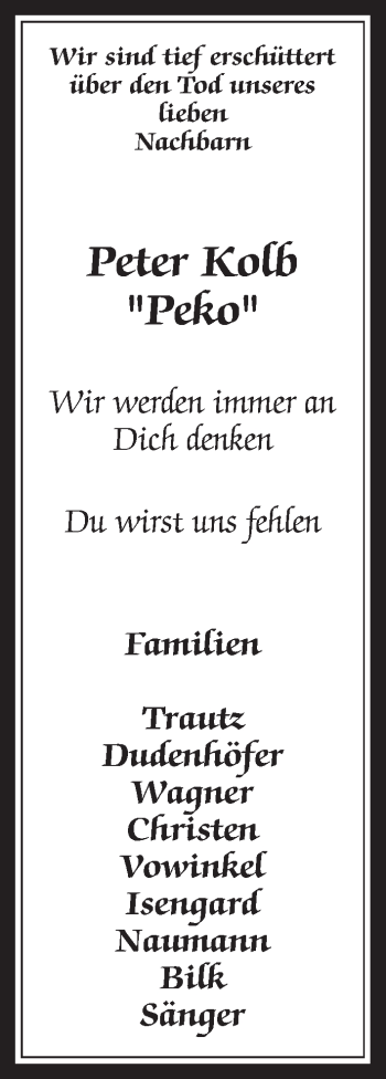 Traueranzeige von Peter Kolb von Giessener Allgemeine, Alsfelder Allgemeine