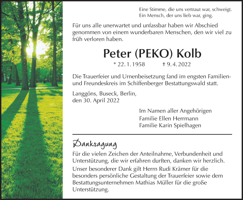  Traueranzeige für Peter Kolb vom 30.04.2022 aus Giessener Allgemeine, Alsfelder Allgemeine