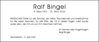 Traueranzeige von Ralf Bingel von Kreis-Anzeiger