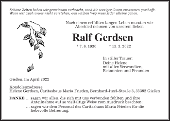Traueranzeige von Ralf Gerdsen von Giessener Allgemeine, Alsfelder Allgemeine