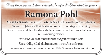 Traueranzeige von Ramona Pohl von Giessener Allgemeine, Alsfelder Allgemeine