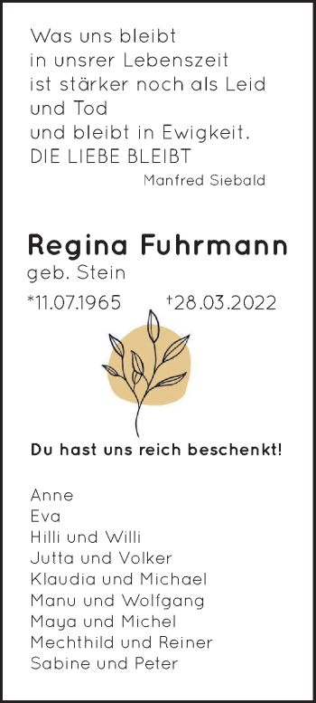 Traueranzeige von Regina Fuhrmann von Giessener Allgemeine, Alsfelder Allgemeine
