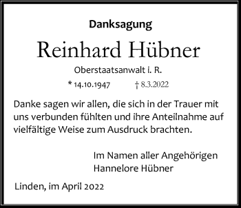 Traueranzeige von Reinhard Hübner von Giessener Anzeiger