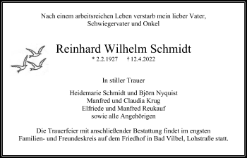 Traueranzeige von Reinhard Wilhelm Schmidt von Bad Vilbel/Karben