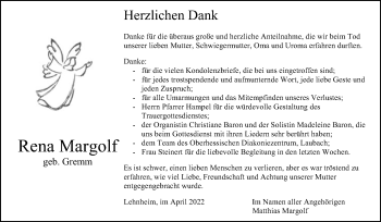 Traueranzeige von Rena Margolf von Giessener Allgemeine, Alsfelder Allgemeine