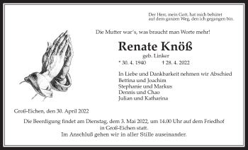 Traueranzeige von Renate Knöß von Alsfelder Allgemeine