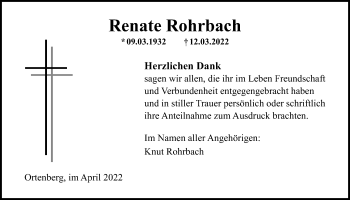 Traueranzeige von Renate Rohrbach von Kreis-Anzeiger