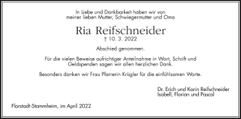 Traueranzeige von Ria Reifschneider von Wetterauer Zeitung