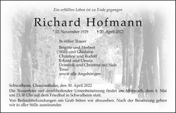 Traueranzeige von Richard Hofmann von Wetterauer Zeitung