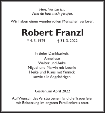Traueranzeige von Robert Franzl von Giessener Anzeiger
