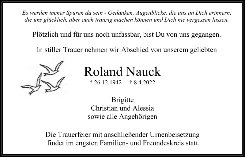  Traueranzeige für Roland Nauck vom 14.04.2022 aus Bad Vilbel/Karben