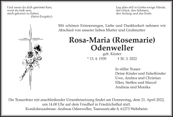Traueranzeige von Rosa-Maria Odenweller von Usinger Anzeiger