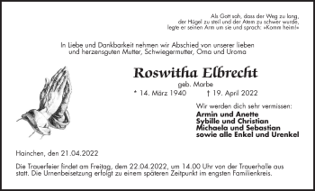 Traueranzeige von Roswitha Elbrecht von Kreis-Anzeiger