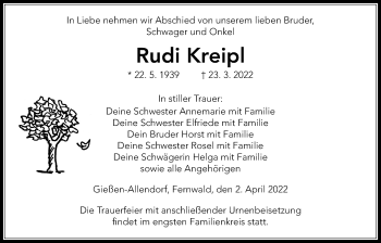 Traueranzeige von Rudi Kreipl von Giessener Allgemeine, Alsfelder Allgemeine