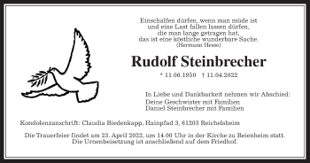 Traueranzeige von Rudolf Steinbrecher von Wetterauer Zeitung