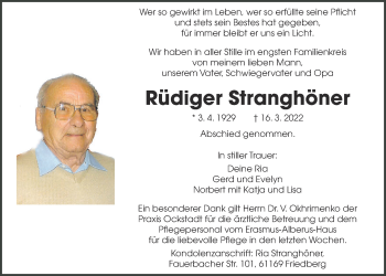 Traueranzeige von Rüdiger Stranghöner von Wetterauer Zeitung