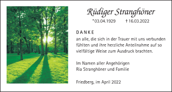 Traueranzeige von Rüdiger Stranghöner von Wetterauer Zeitung