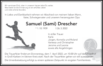 Traueranzeige von Samuel Drescher von Wetterauer Zeitung, Bad Vilbel/Karben