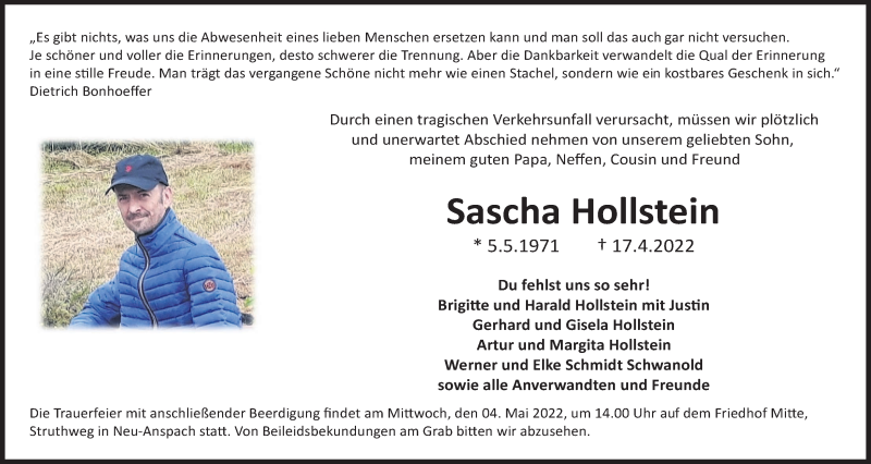  Traueranzeige für Sascha Hollstein vom 30.04.2022 aus Usinger Anzeiger