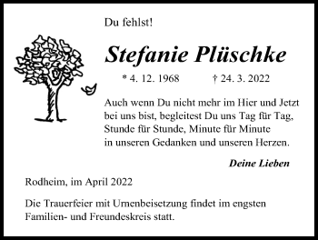 Traueranzeige von Stefanie Plüschke von Giessener Allgemeine, Alsfelder Allgemeine