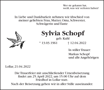 Traueranzeige von Sylvia Schopf von Giessener Allgemeine, Alsfelder Allgemeine