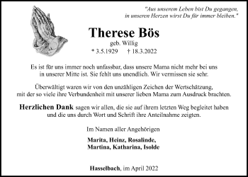 Traueranzeige von Therese Bös 