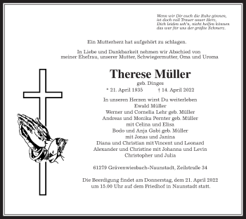 Traueranzeige von Therese Müller von Usinger Anzeiger